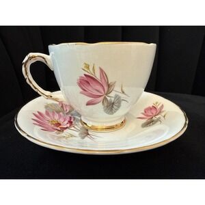 Delphine Bone China Pink Floral Tea Cup & Saucer Gold Trim Made In England.